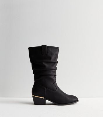 Black Leather Look Mid Calf Slouchy Boots New Look