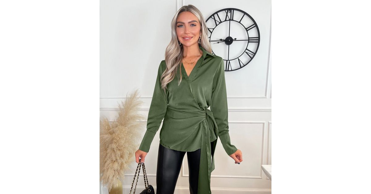 Taupe Satin Tie Waist Wrap Shirt – AX Paris