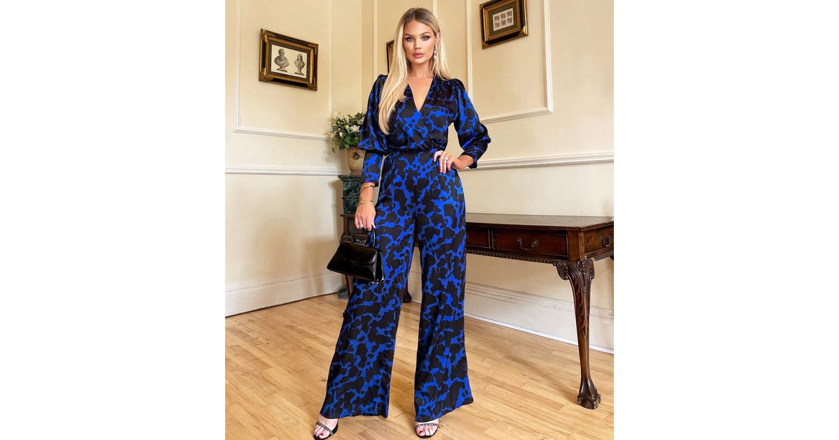 AX Paris Blue Abstract Print Wide Leg Wrap Jumpsuit New Look
