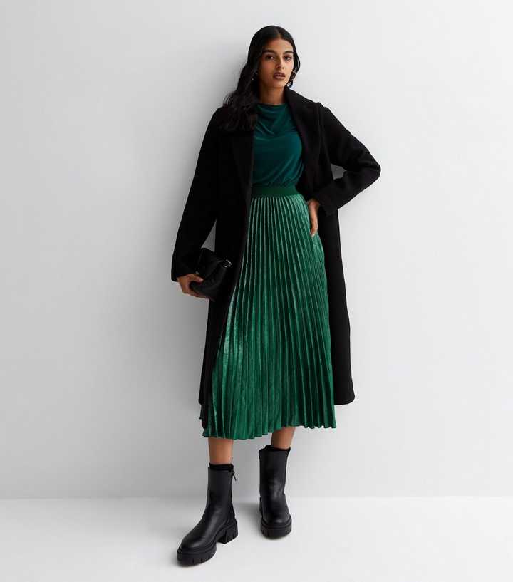Ella Official UK Solid Green Pleated Midi Skirt