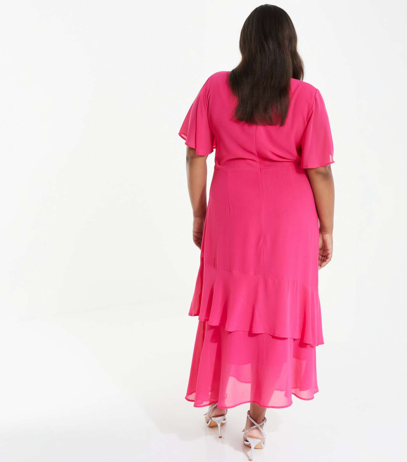 QUIZ Curves Deep Pink Frill Hem Midi Dress Image 3