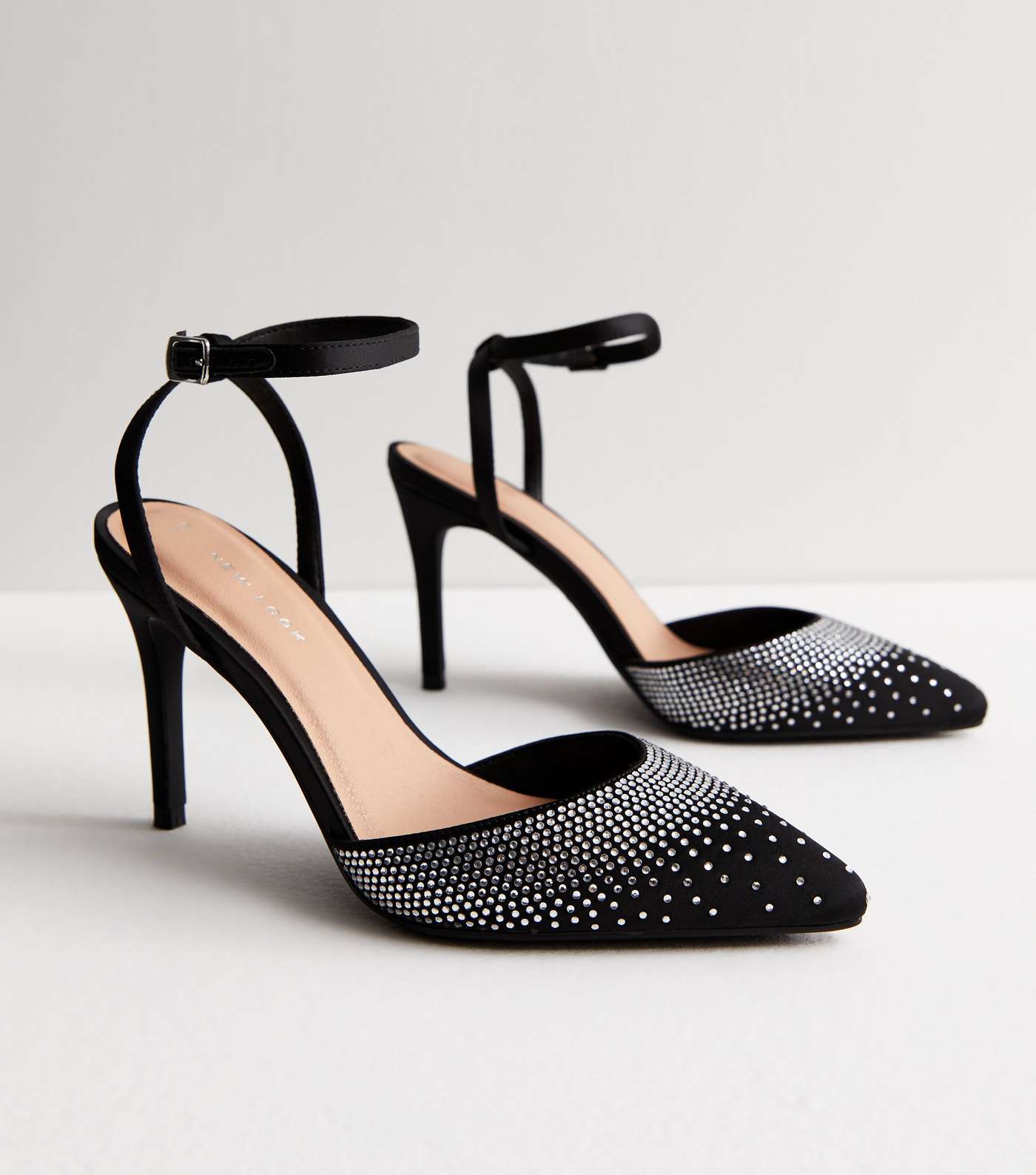 Black Satin Embellished Stiletto Heel Court Shoes