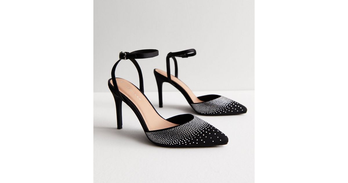 Black Satin Embellished Stiletto Heel Court Shoes New Look