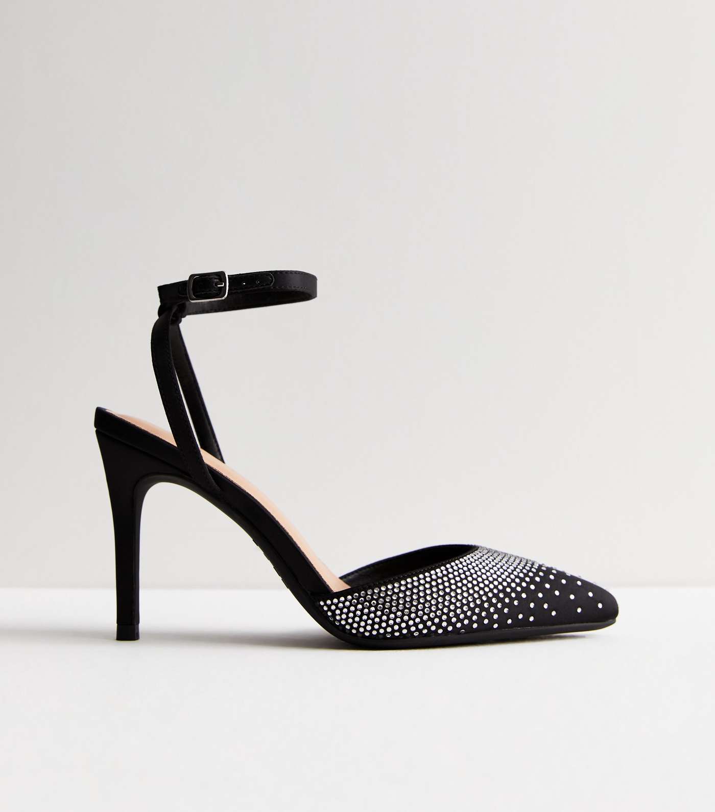 Black Satin Embellished Stiletto Heel Court Shoes Image 5