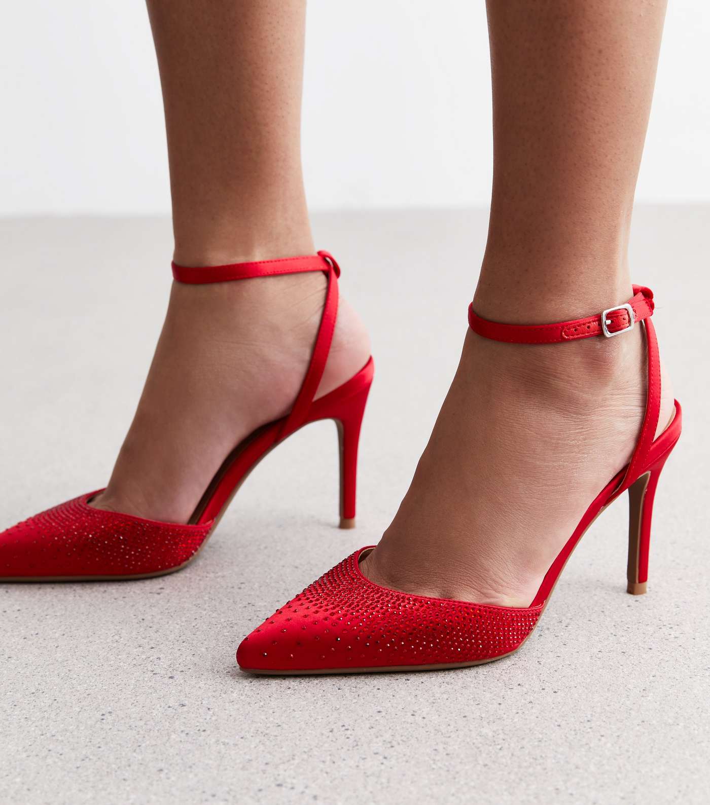Red Satin Embellished Stiletto Heel Court Shoes Image 2