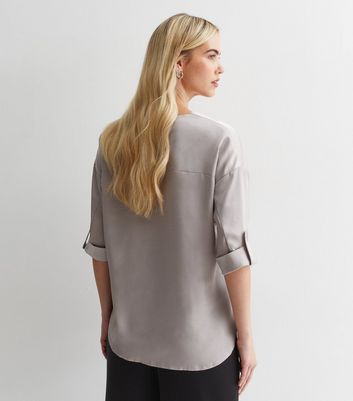 Gini London Pewter Satin V Neck Oversized Top New Look