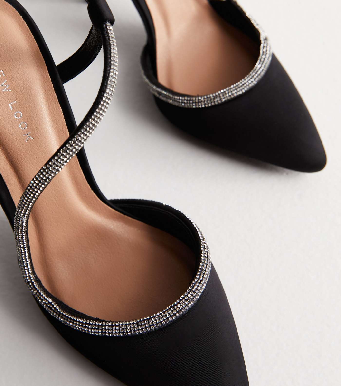 Black Satin Diamanté Embellished Stiletto Heel Court Shoes Image 3