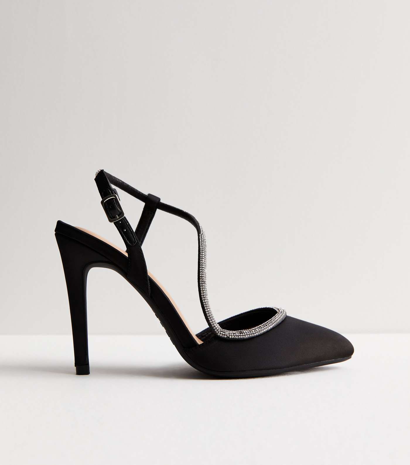 Black Satin Diamanté Embellished Stiletto Heel Court Shoes Image 5