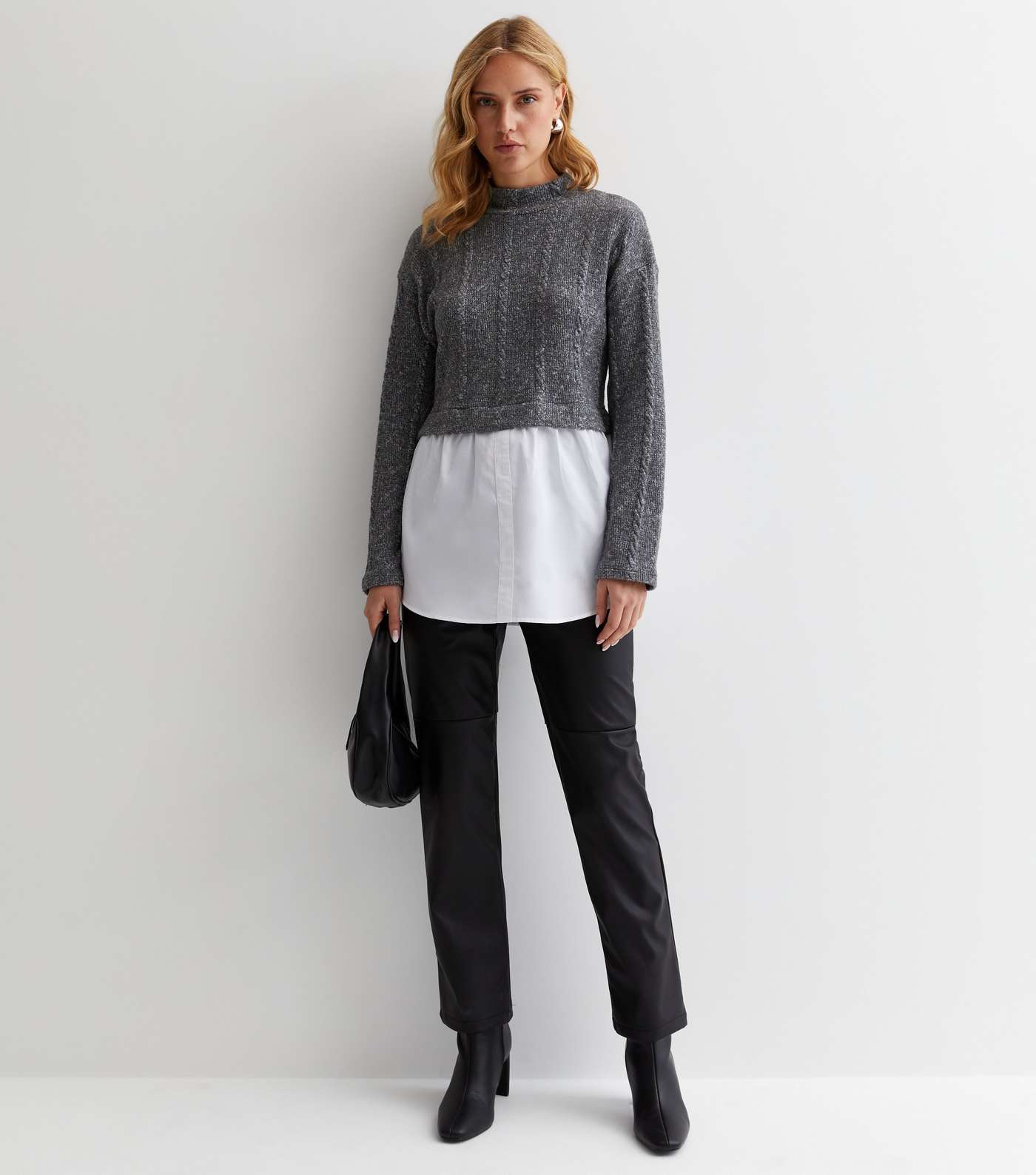 Grey Cable Knit High Neck 2-in-1 Jumper | New Look