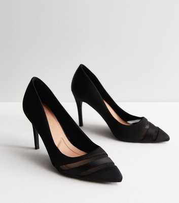 Black Satin Mesh Front Stiletto Heel Court Shoes
