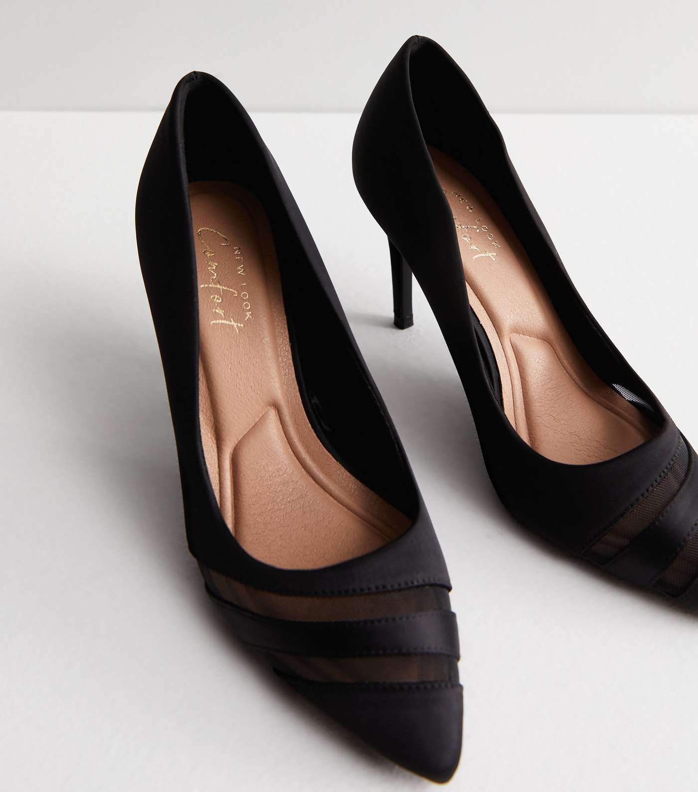 Black Satin Mesh Front Stiletto Heel Court Shoes Image 6