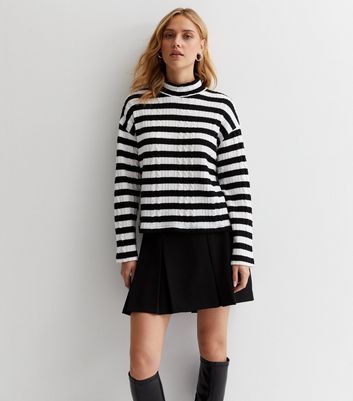 Black Stripe Cable Knit High Neck Jumper New Look
