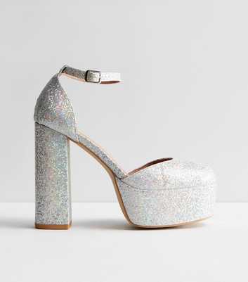 Silver Glitter Platform Block Heel Court Shoes