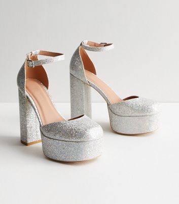 Silver Glitter Platform Block Heel Court Shoes New Look