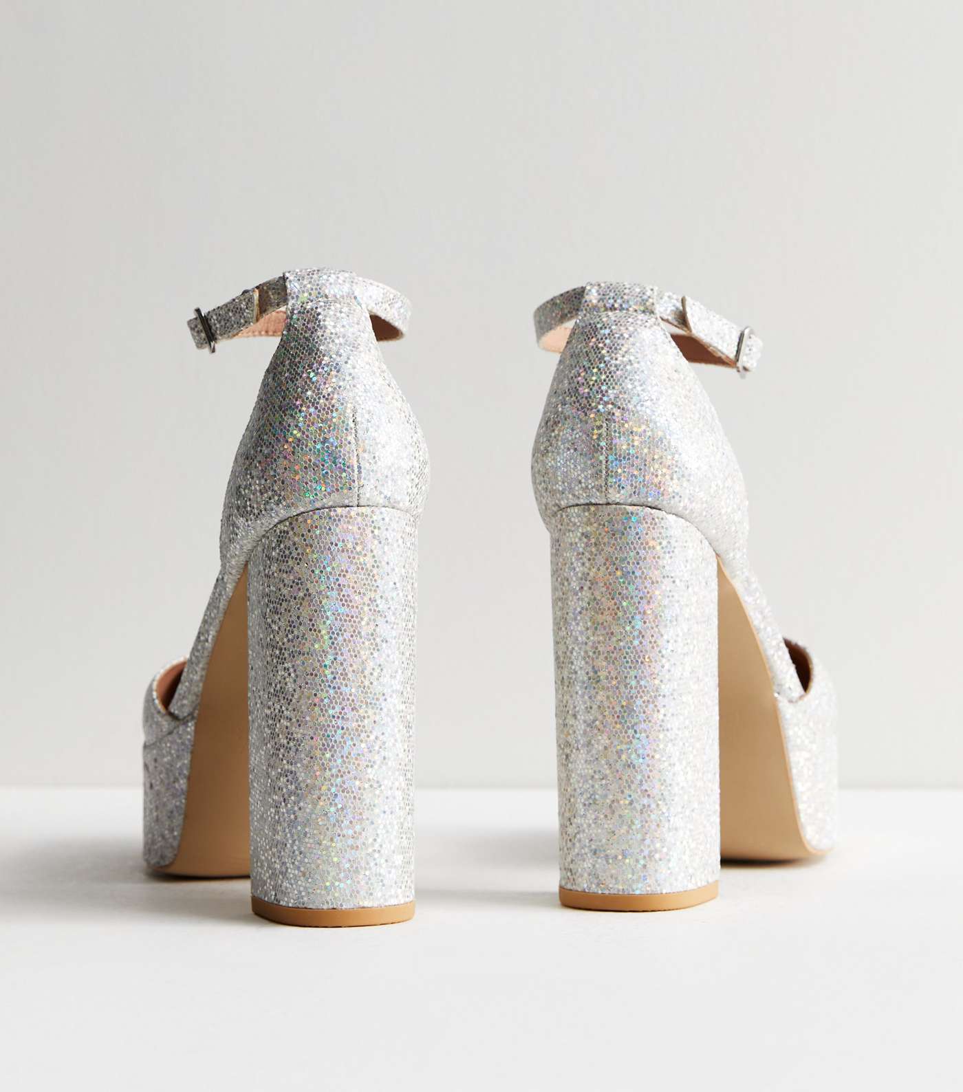 Silver Glitter Platform Block Heel Court Shoes Image 5