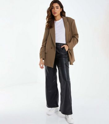 QUIZ Black Leather-Look Cargo Trousers New Look