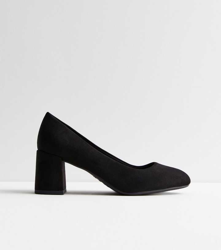 Wide Fit Black Suedette Block Heel Court Shoes | New Look