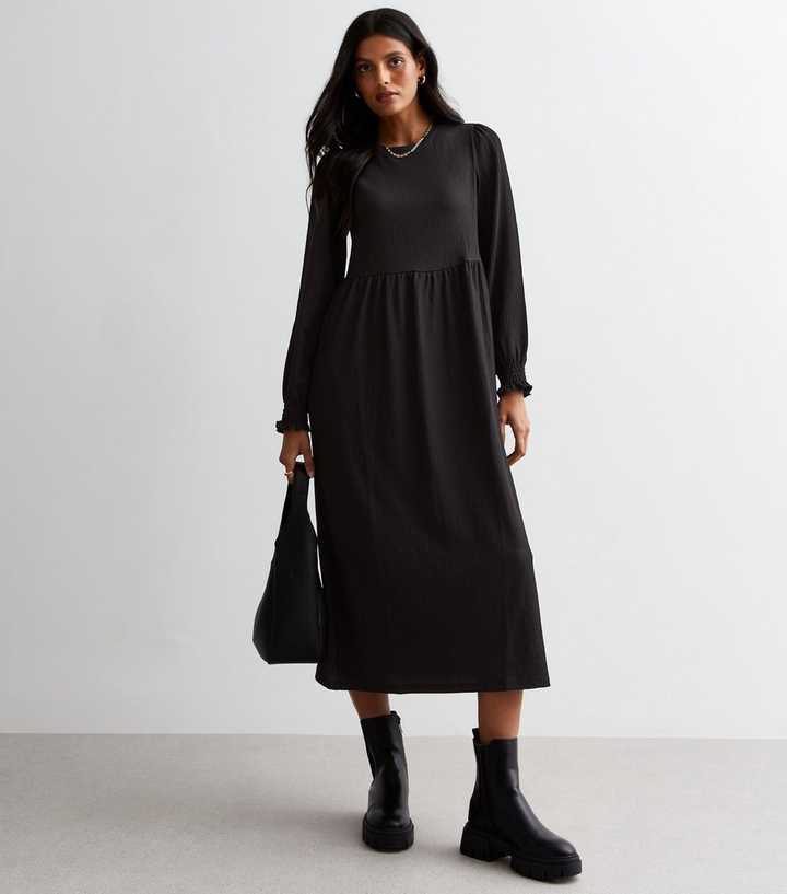 Black Crinkle Jersey Long Sleeve Midi Smock Dress