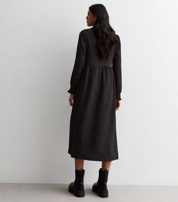 Black Crinkle Jersey Long Sleeve Midi Smock Dress New Look