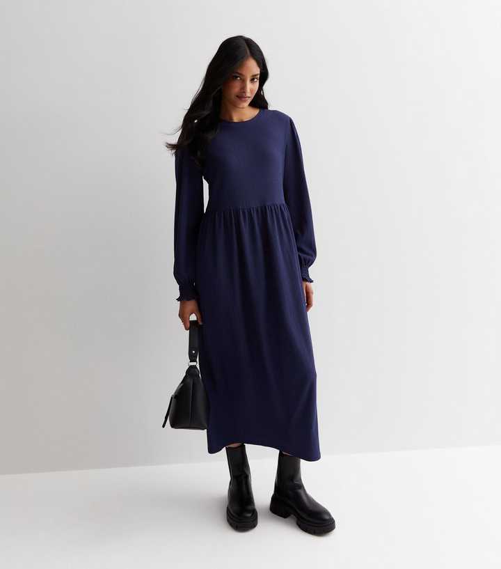 Navy Crinkle Jersey Long Sleeve Midi Smock Dress