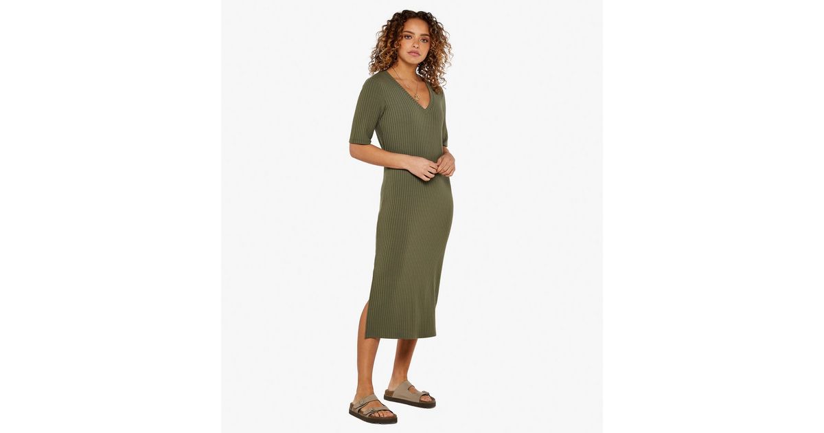 Apricot Khaki Ribbed Bodycon Midaxi Dress New Look
