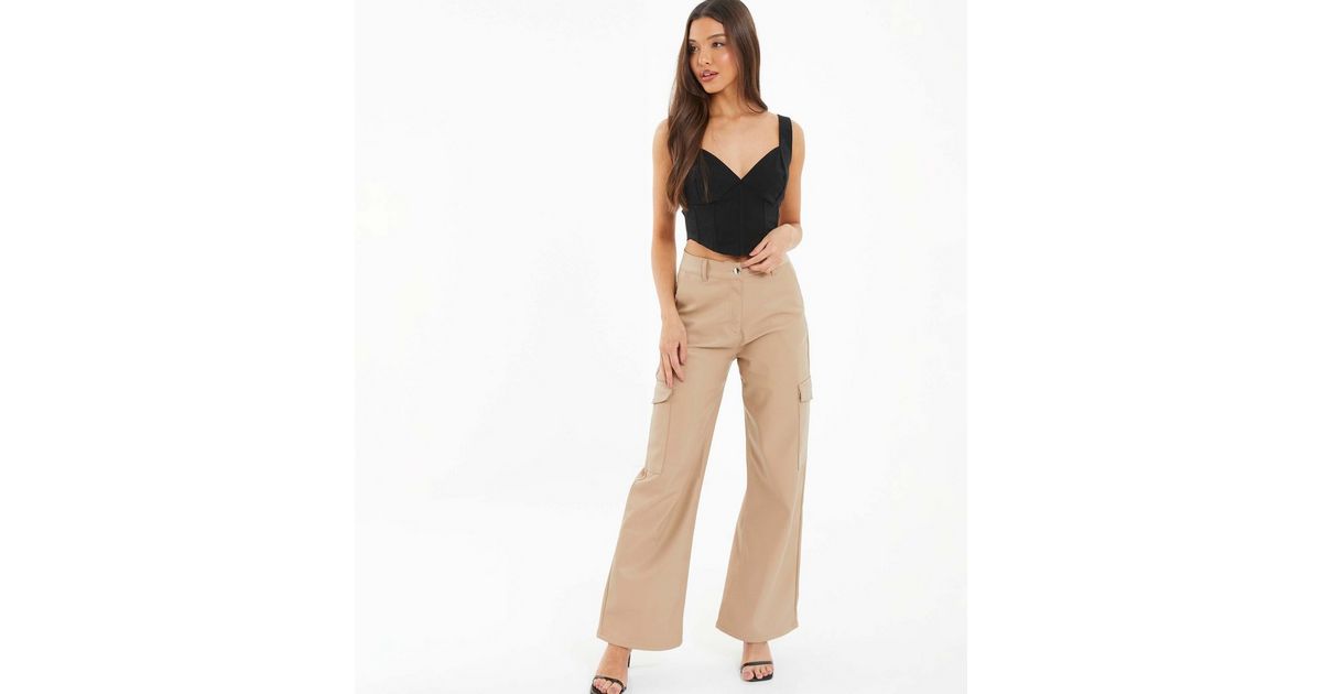 QUIZ Stone Leather-Look Wide Leg Cargo Trousers | New Look