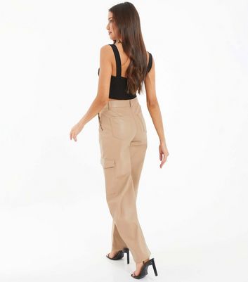 QUIZ Stone Leather-Look Wide Leg Cargo Trousers New Look