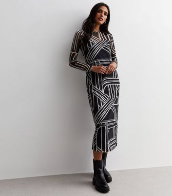 Black Abstract Stripe Mesh Midaxi Dress New Look