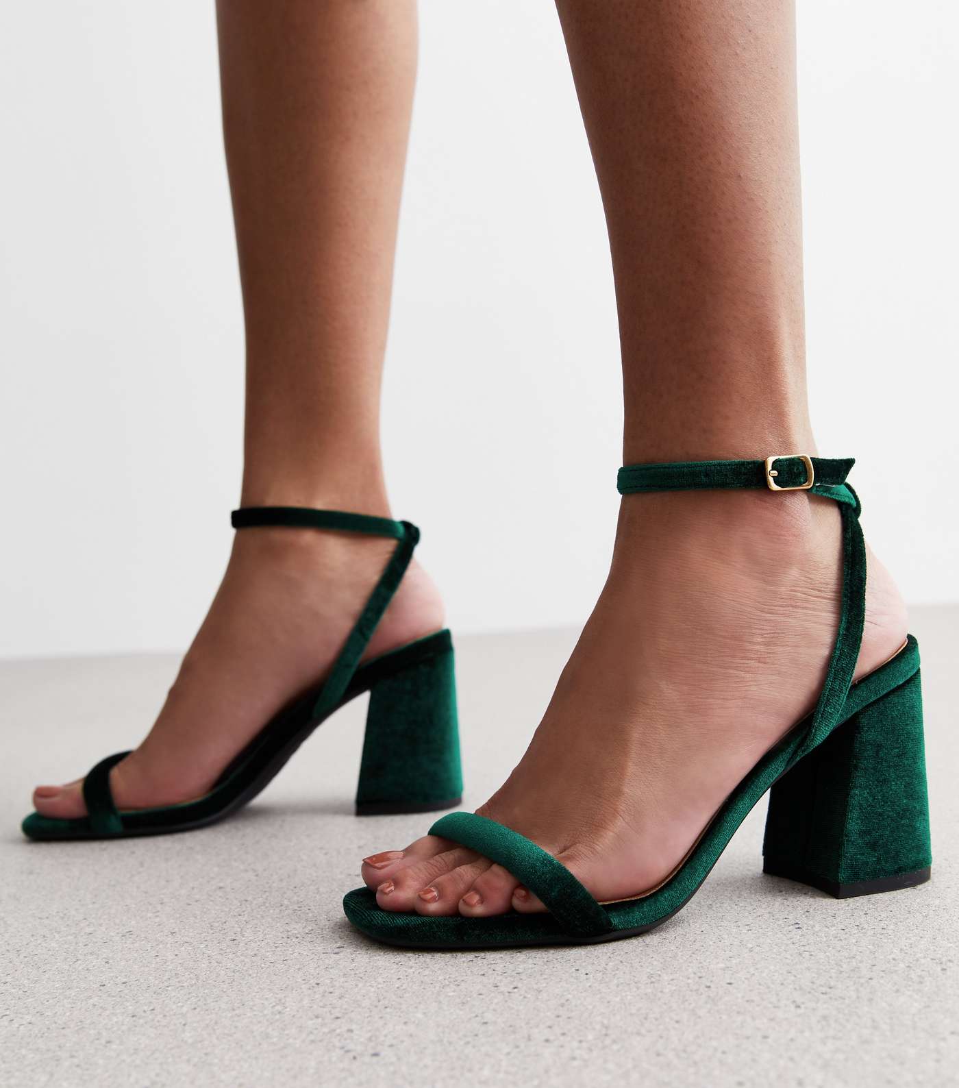 Dark Green Velvet 2 Part Block Heel Sandals Image 2
