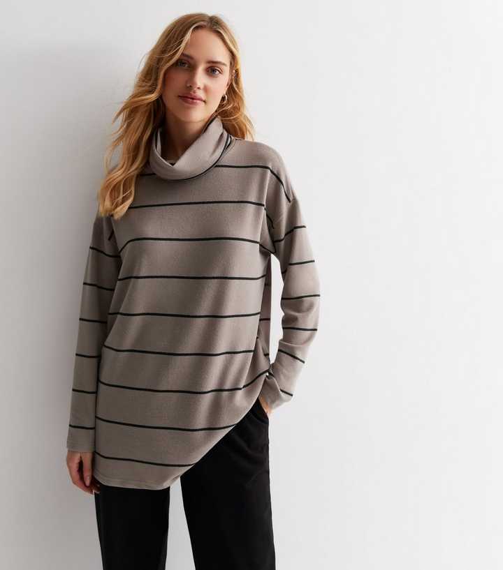 Brown Stripe Fine Knit Neck Cowl Neck Top