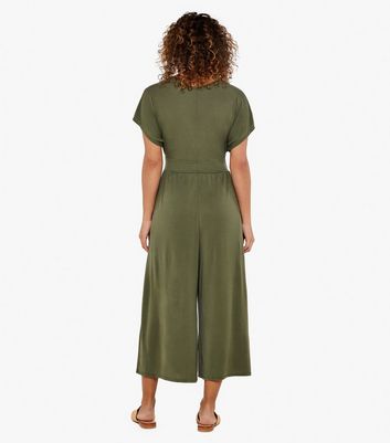 Apricot Olive Short Sleeve Wide Leg Cropped Jumpsuit New Look