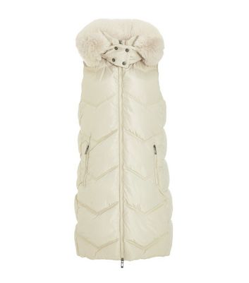 QUIZ Stone Faux Fur Hooded Puffer Gilet New Look