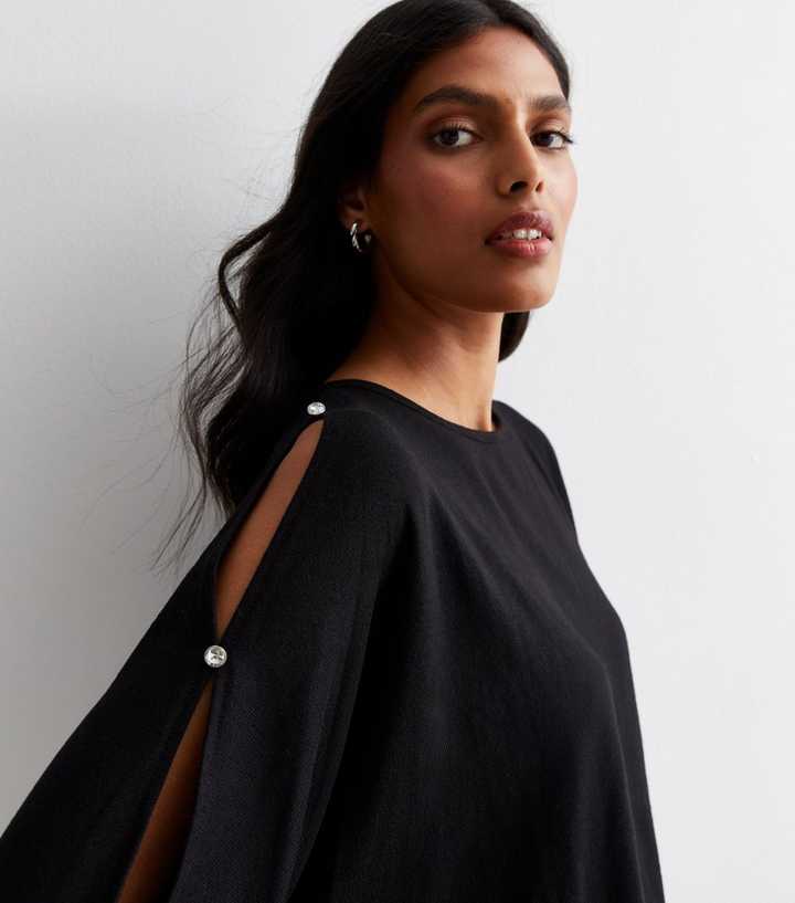 Loose Black Bat wing Sleeve Pockets asymmetrical design Fall Tops