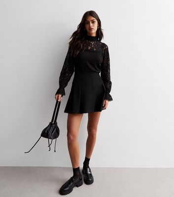 Black Fine Knit Lace Yoke 2-in-1 Top New Look