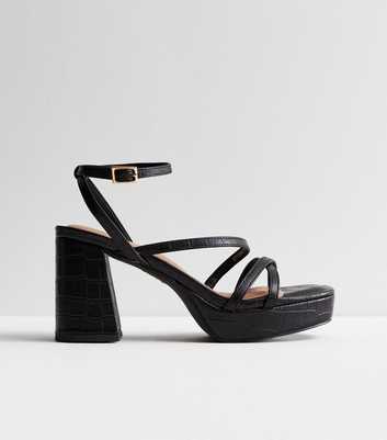 Black Leather-Look Platform Block Heel Sandals