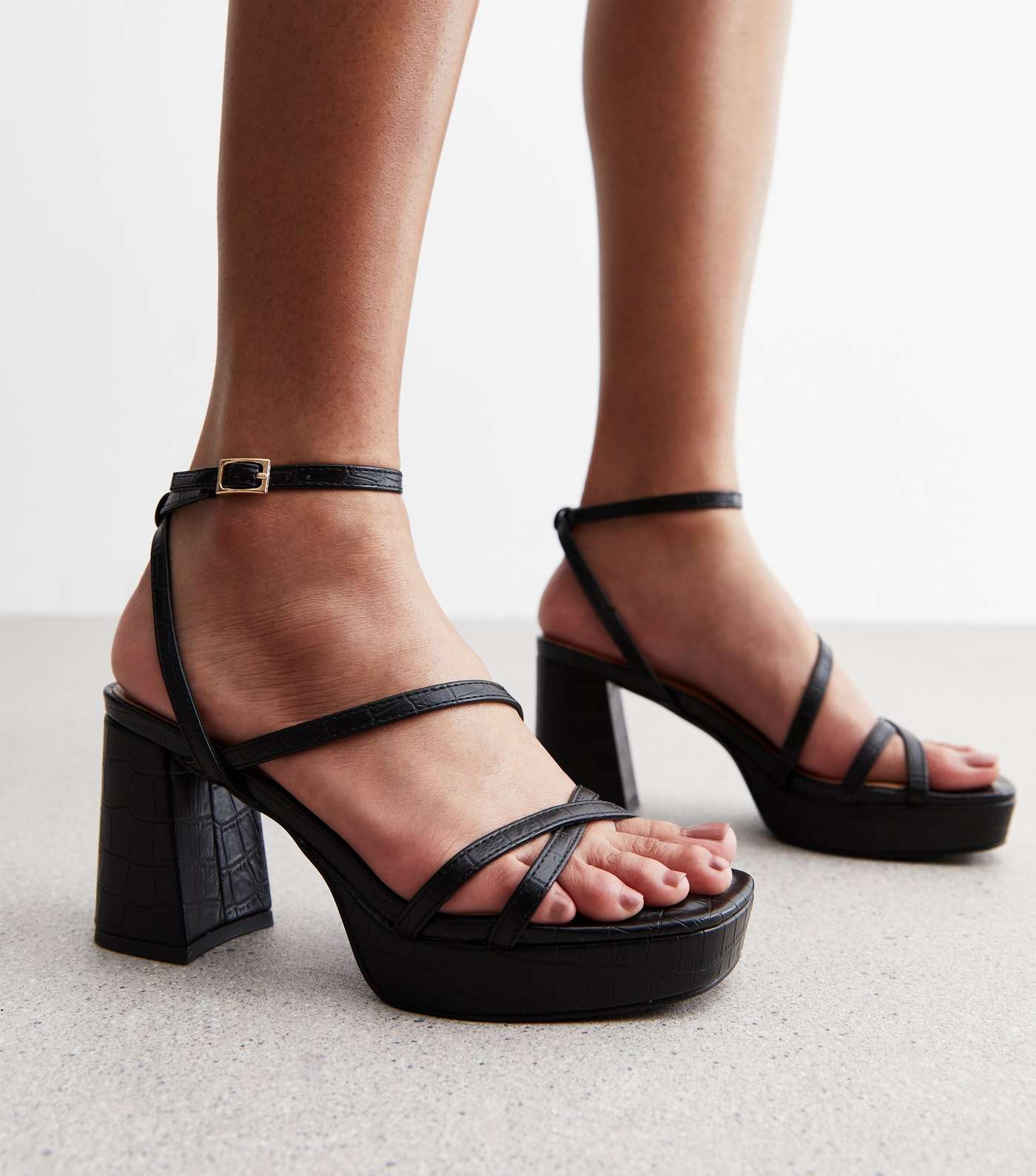 Black Leather-Look Platform Block Heel Sandals Image 2