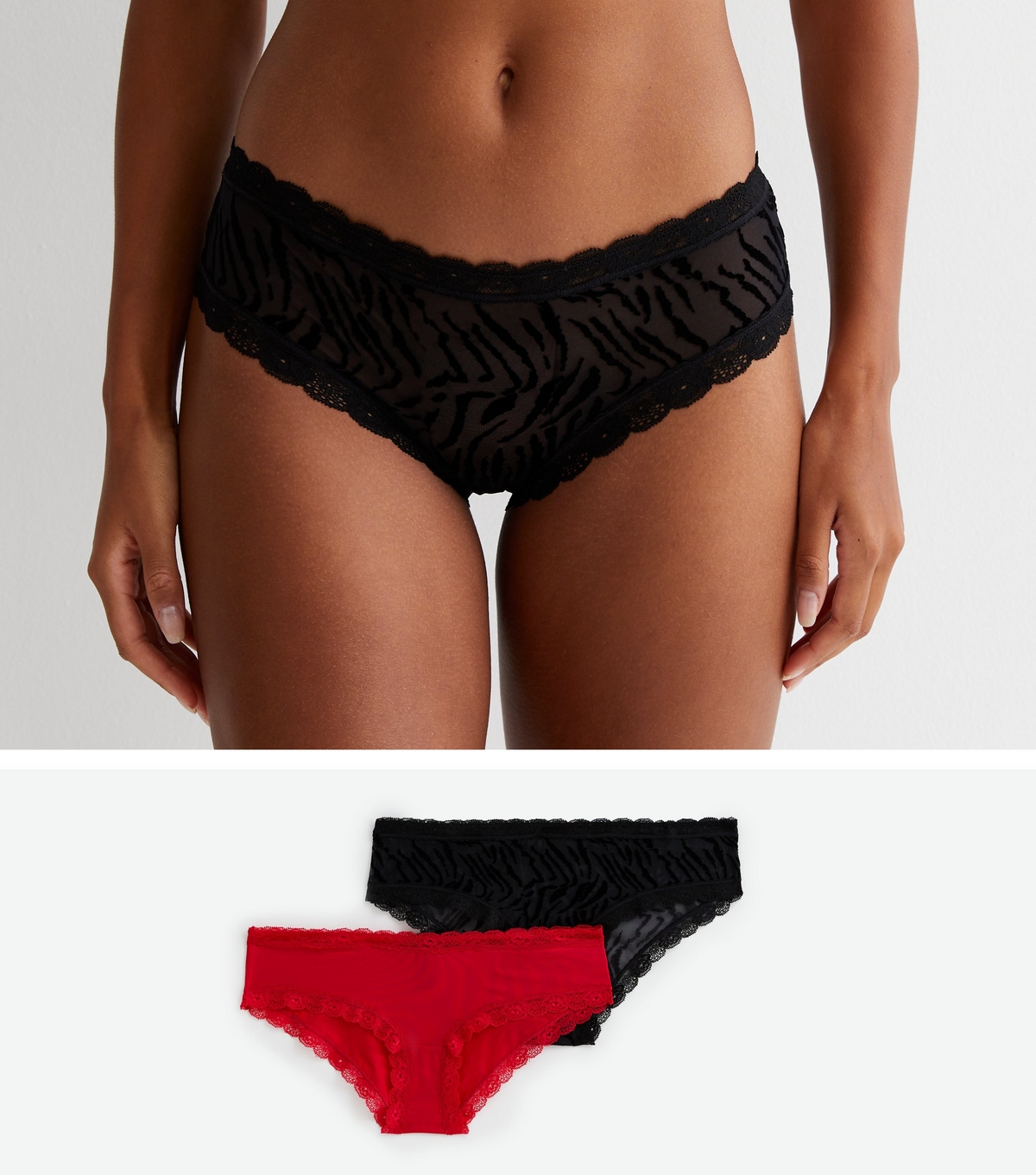 Women's 2 Pack Red and Black Zebra Flocked Short Briefs New Look