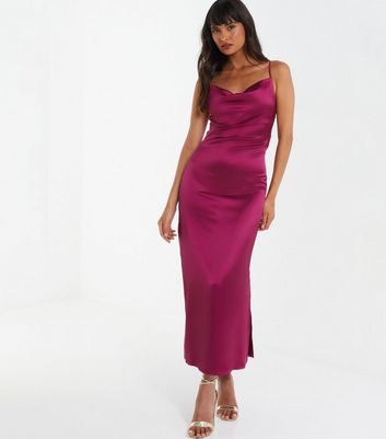 QUIZ Dark Red Satin Strappy Midaxi Dress New Look