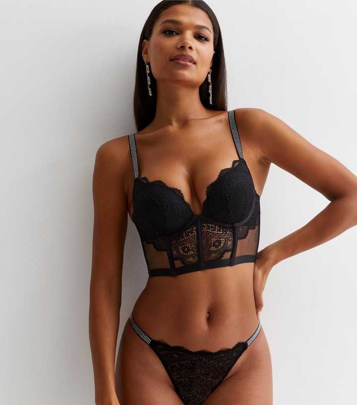 Black Lace Up Bra And Thong Set