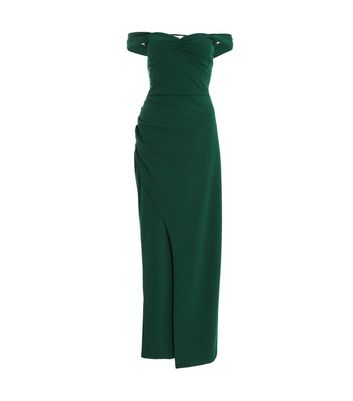 QUIZ Dark Green Bardot Wrap Maxi Dress New Look