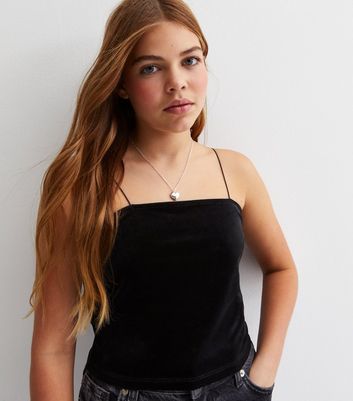 Girls Black Velvet Cami Top New Look
