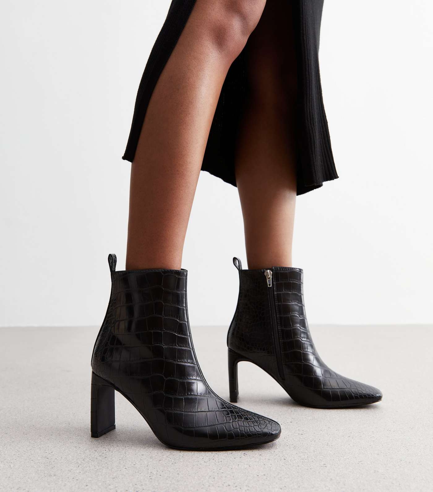 Black Faux Croc Stiletto Heel Boots Image 2