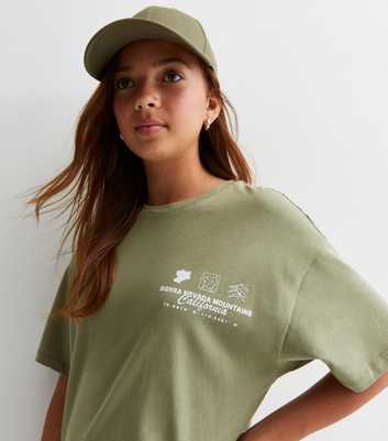 Girls Olive Cotton California Mountains Logo Long Oversized T-Shirt
