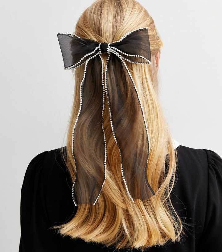 Black Organza Faux Pearl Bow Barrette Hair Clip