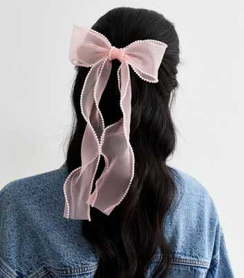 Pale Pink Organza Faux Pearl Bow Barette Hair Clip