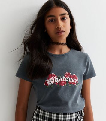 Girls Dark Grey Floral Whatever Logo TShirt New Look