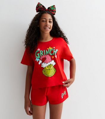 The Grinch Schlafanzug für Mädchen und Jungen - Kinder Pyjama Set Langarm  Oberteil mit Hose Grau/Rot