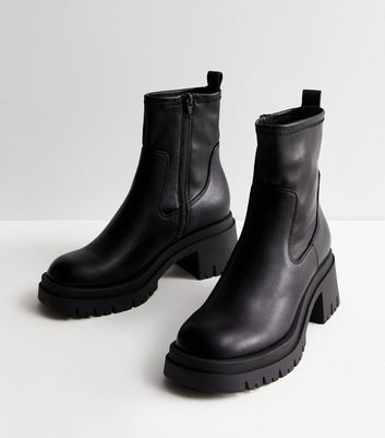 Black Leather Look Chunky Block Heel Chelsea Boots New Look