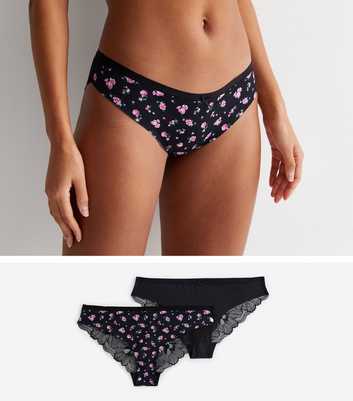 2 Pack Black and Floral Print Lace Brazilian Briefs