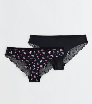 2 Pack Black and Floral Print Lace Brazilian Briefs New Look